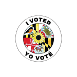 This circular sticker reads 'I Voted' in both English and Spanish. The center features the Maryland state flag; atop it are: an oriole, a crab, a racehorse, and a black-eyed susan flower.