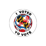 This circular sticker reads 'I Voted' in both English and Spanish. The center features an abstract representation of the Maryland State flag, the Chesapeake bay, and a voting ballot, surrounded by stars.