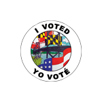 This circular sticker reads 'I Voted' in both English and Spanish. The center features the Bay Bridge with a heron underneath, and the Maryland State and United States flags.