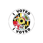 This circular sticker reads 'I Voted'. The center features the Maryland State flag; atop it are: an oriole, a crab, a racehorse, and a black-eyed susan flower.