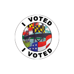 This circular sticker reads 'I Voted'. The center features the Bay Bridge with a heron underneath, and the Maryland State and United States flags.