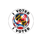 This circular sticker reads 'I Voted'. The center features an abstract representation of the Maryland State flag, the Chesapeake bay, and a voting ballot, surrounded by stars.